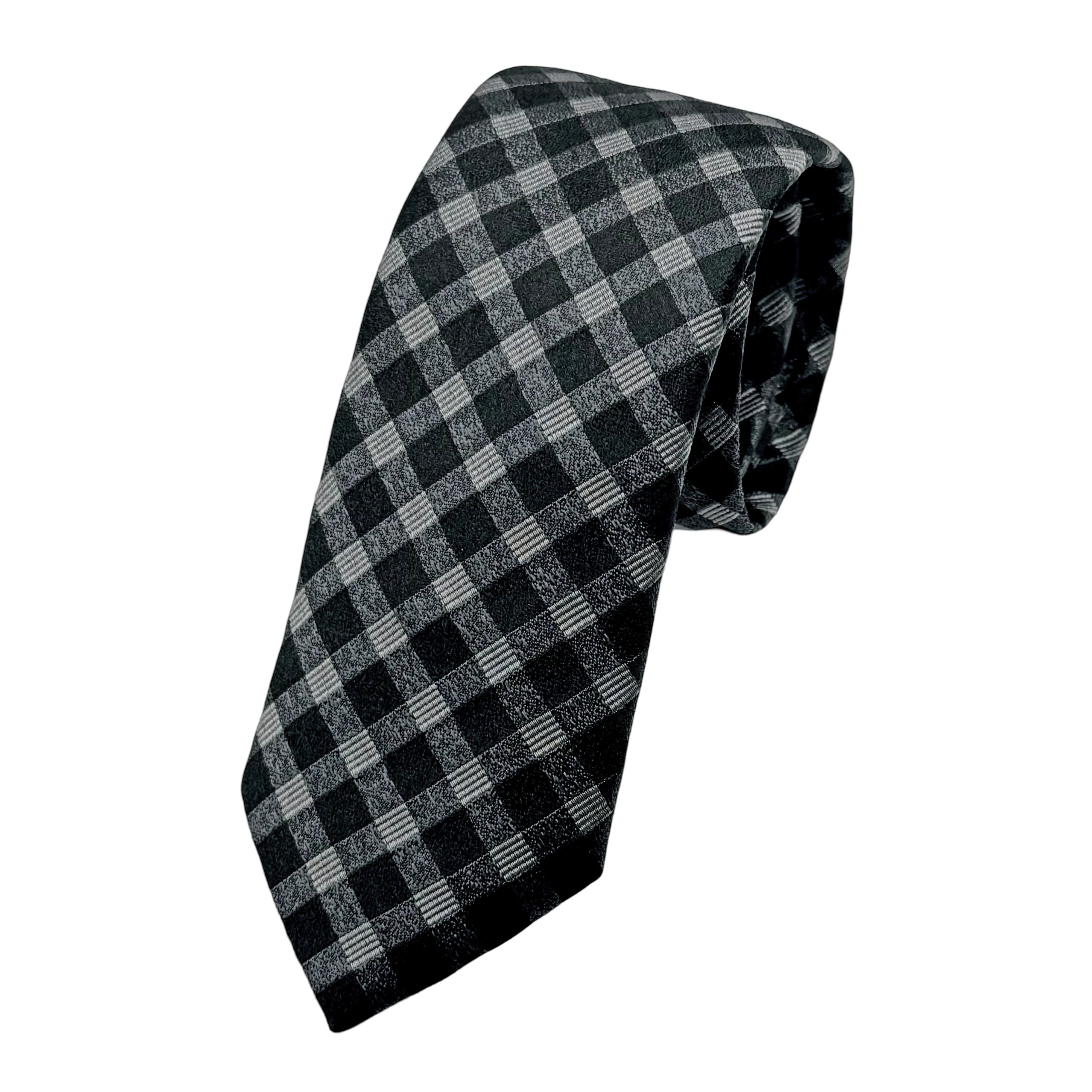 Black/Grey Italian Mens Silk Gingham Check Weave Neck Tie