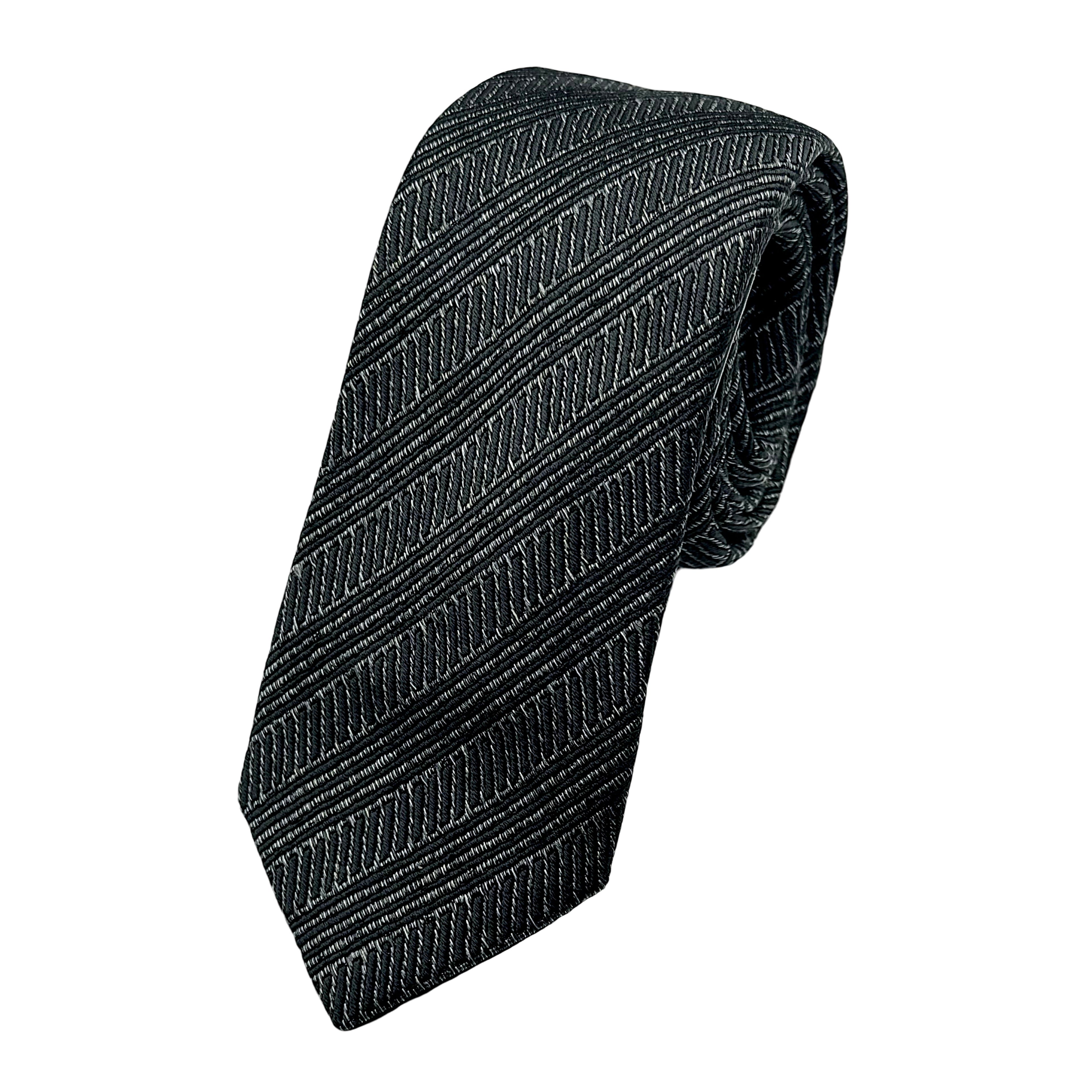 Black Italian Mens Silk Textured Diagonal Striped Weave Neck Tie