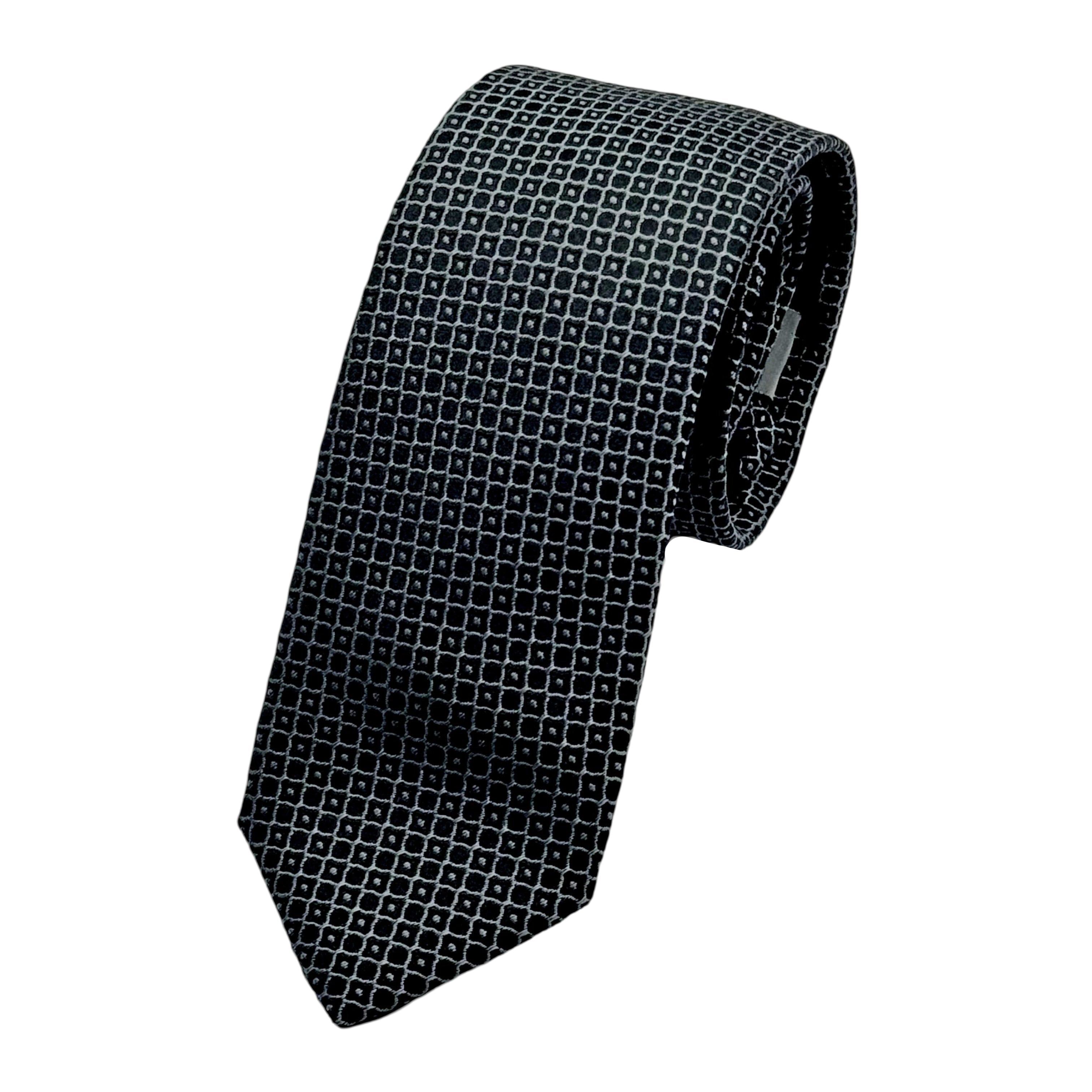Black/Grey Italian Mens Silk Geometric Weave Neck Tie