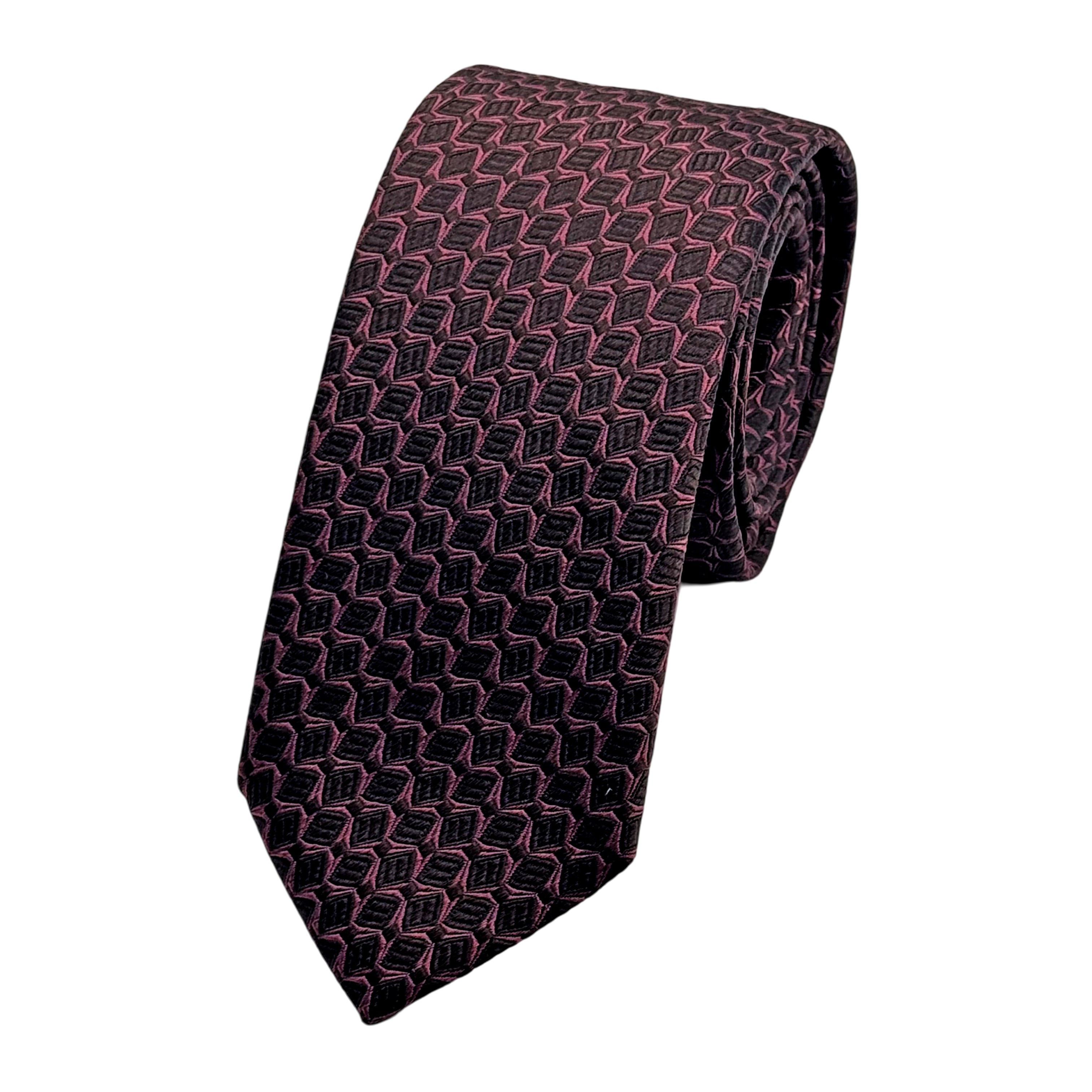 Magenta/Black Italian Mens Silk Geometric Weave Neck Tie