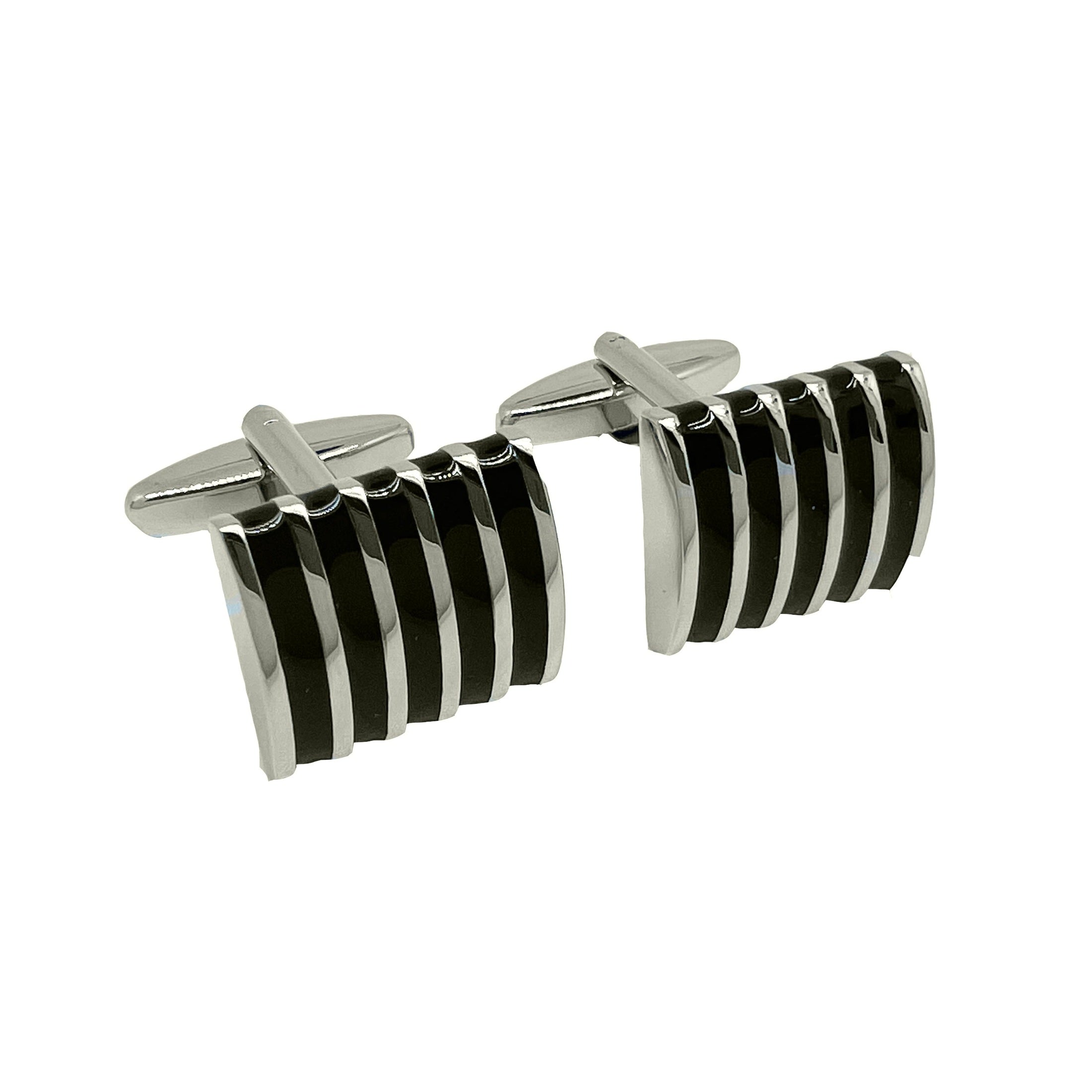 Silver/Black Vertical Striped Rectangle Cuff Links