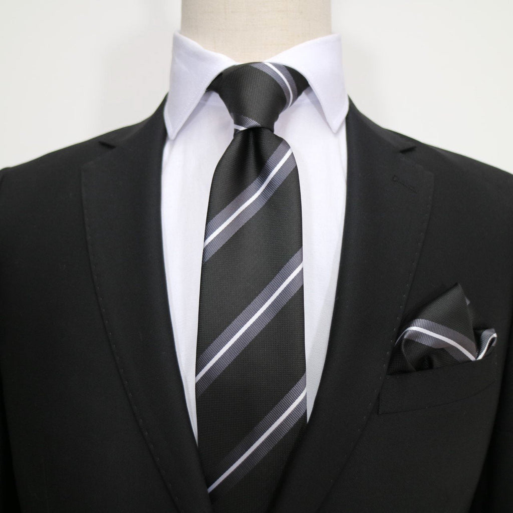Black/Char/White Luxury Regimental Striped Weave Neck Tie