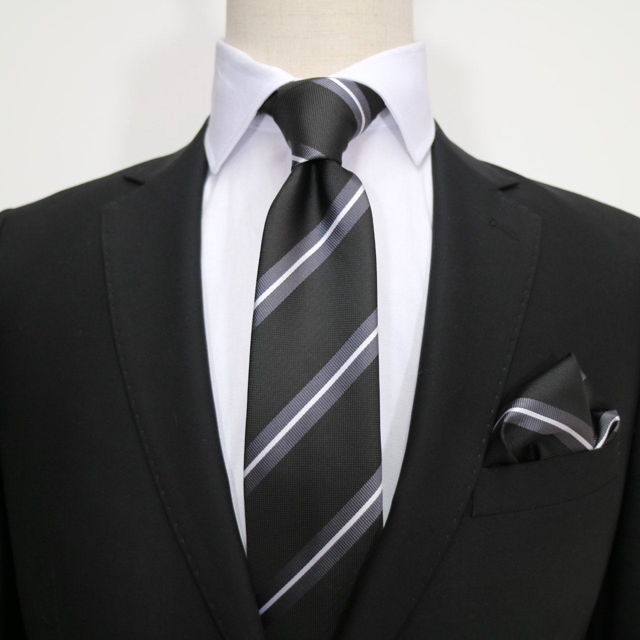 Black/Char/White Luxury Regimental Striped Weave Neck Tie