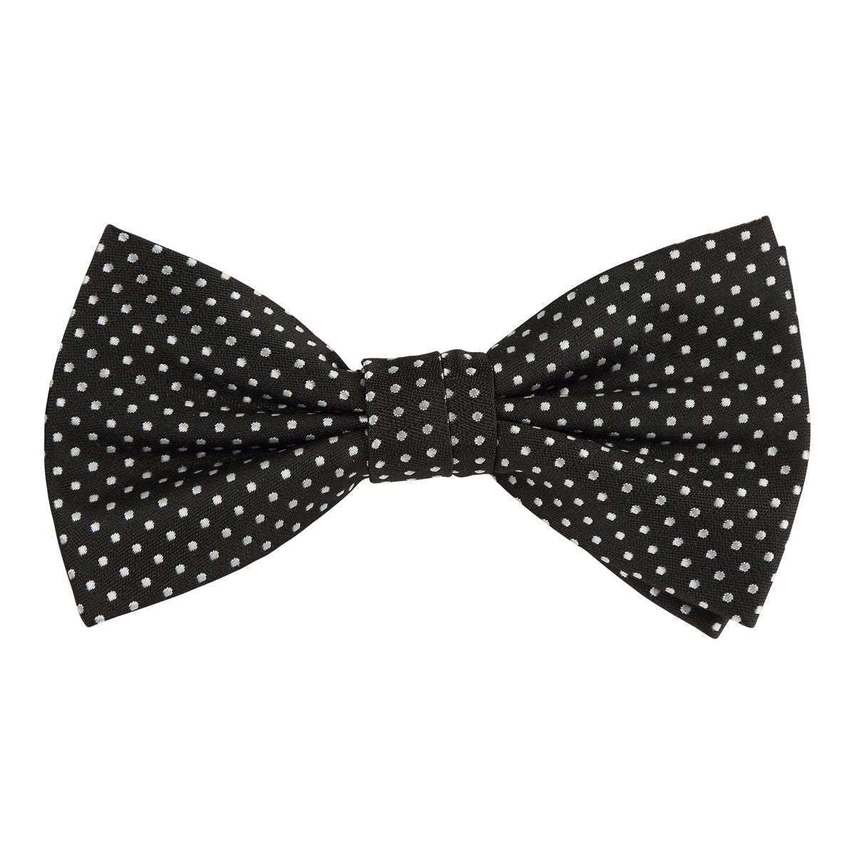 A black bow tie with white spots all over