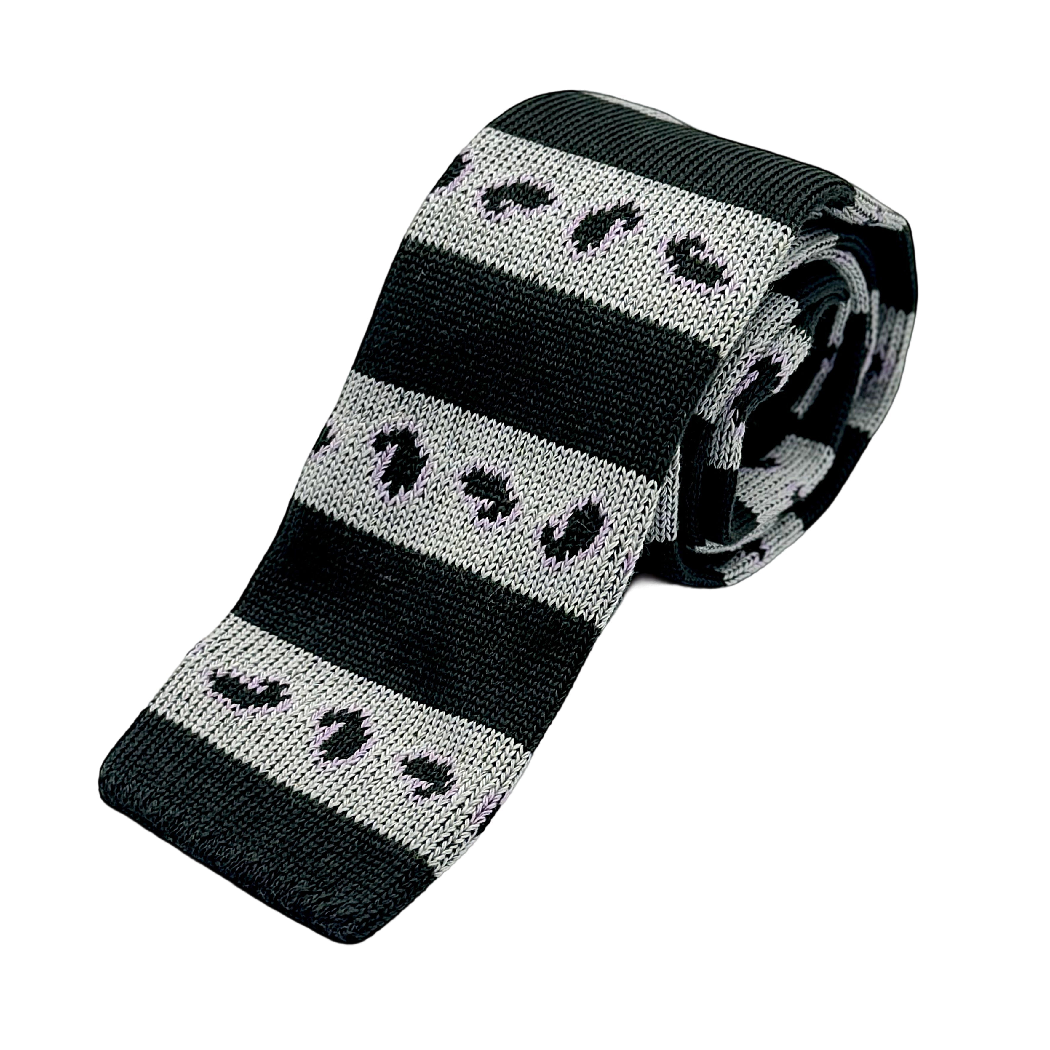 Black Mens Italian Block Stripe with Paisley Motif Knitted Weave Neck Ties