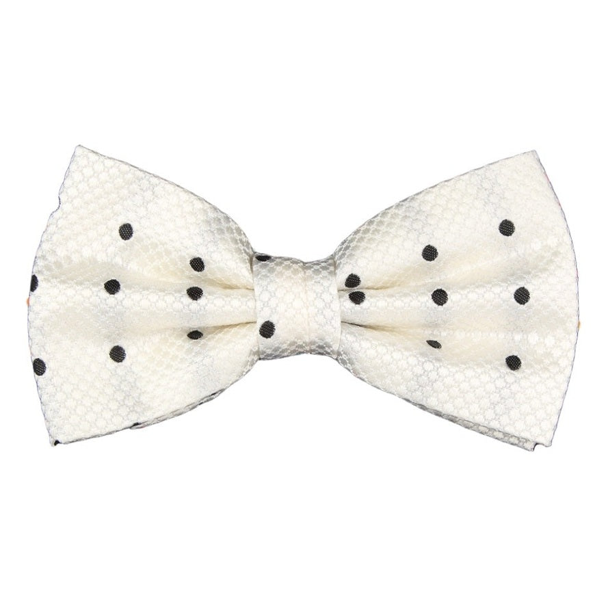 Off White/Black Silk Polka Dot Square Weave Pre Tied Bow Tie
