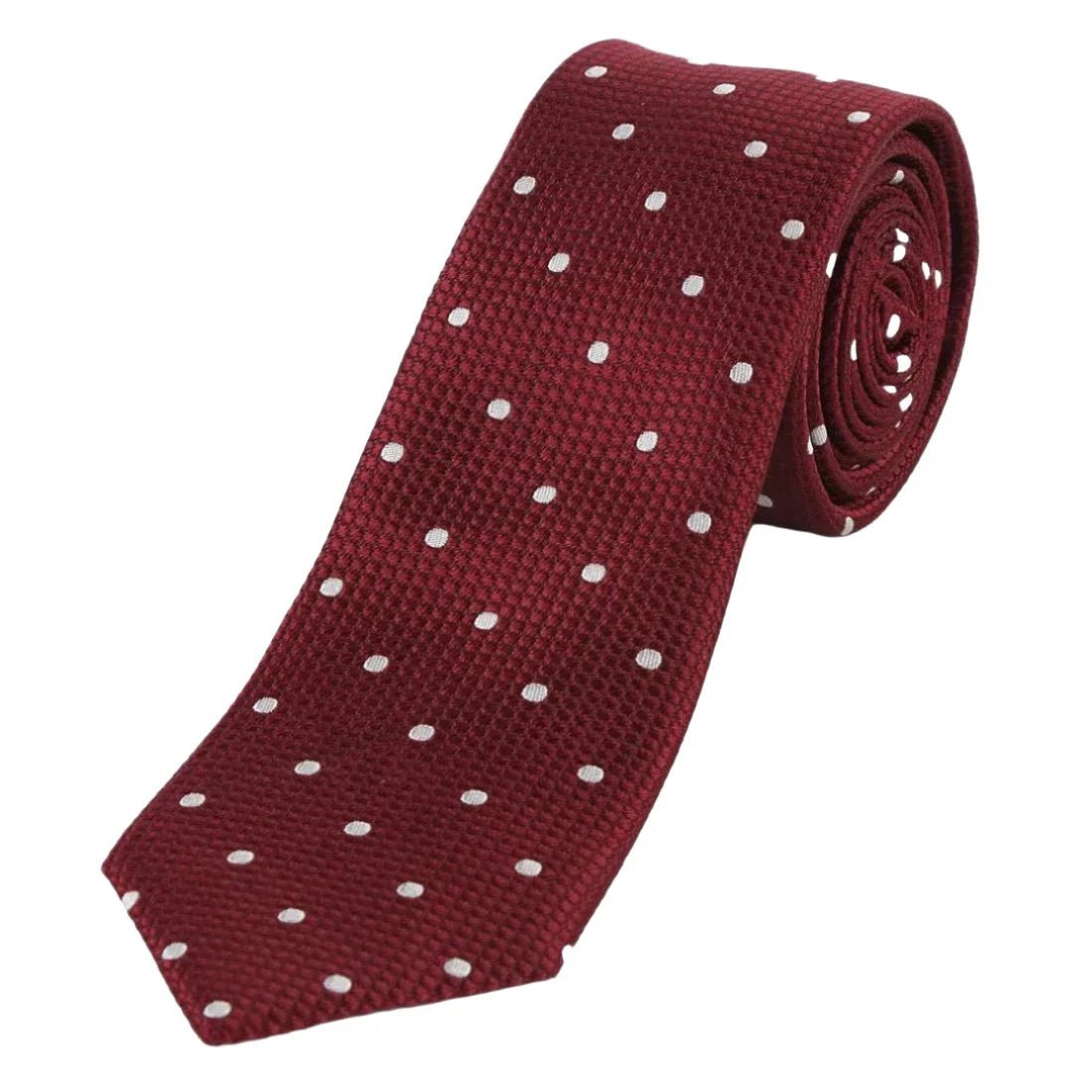 Burgundy/White Pure Silk Polka Dot Square Weave Neck Tie