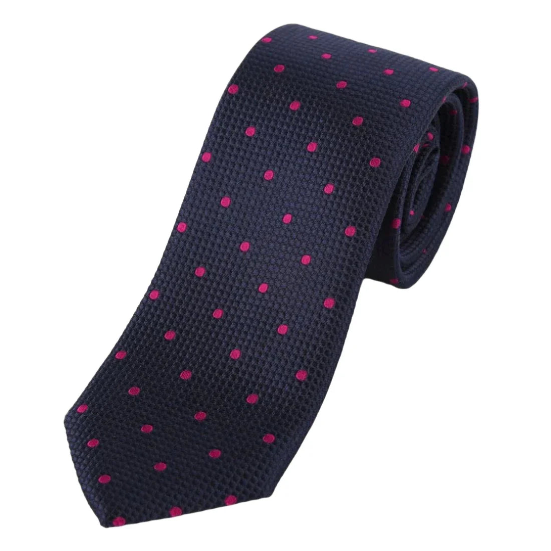 Navy/Magenta Pure Silk Polka Dot Square Weave Neck Tie