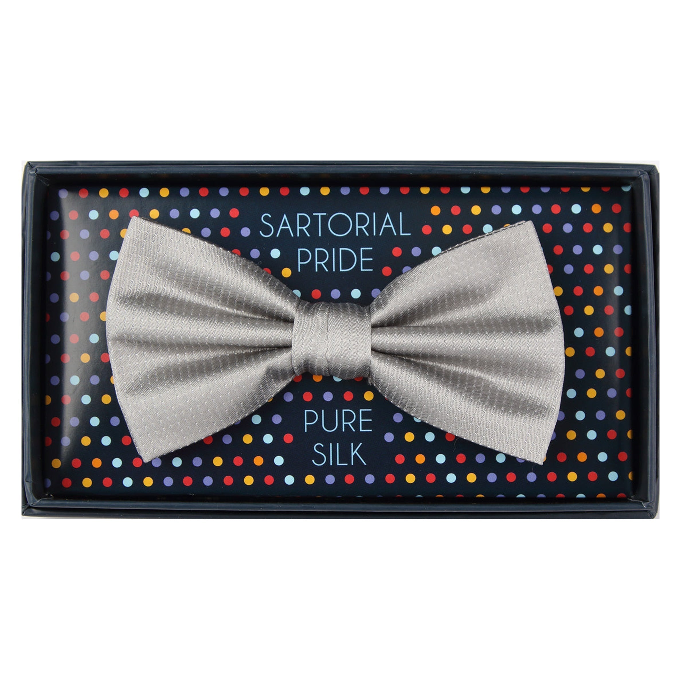 Silver Pure Silk Micro Spotted Satin Weave Bow Tie