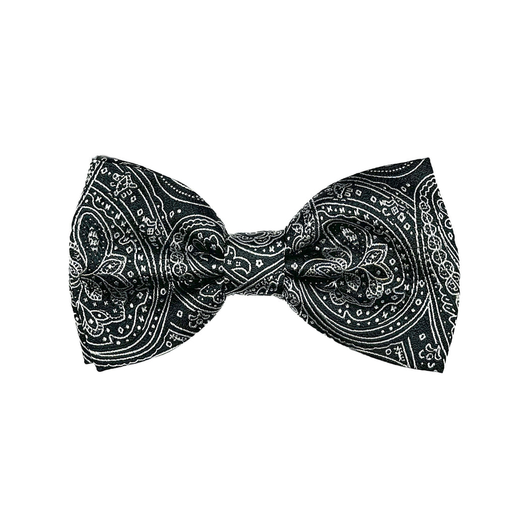 Black/Silver Italian Luxury Mens Silk Paisley Weave Pre-Tied Bow Tie