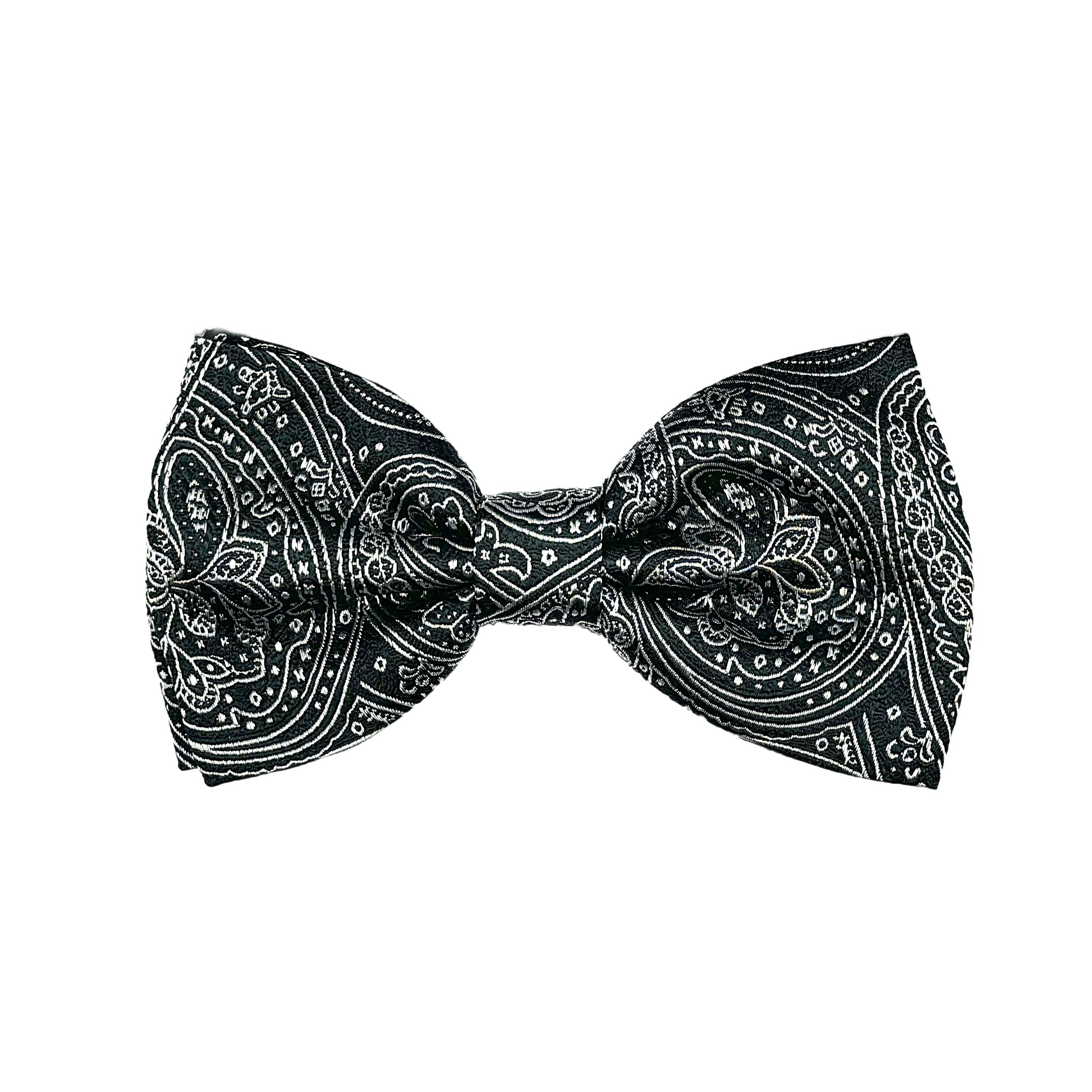 Black/Silver Italian Luxury Mens Silk Paisley Weave Pre-Tied Bow Tie