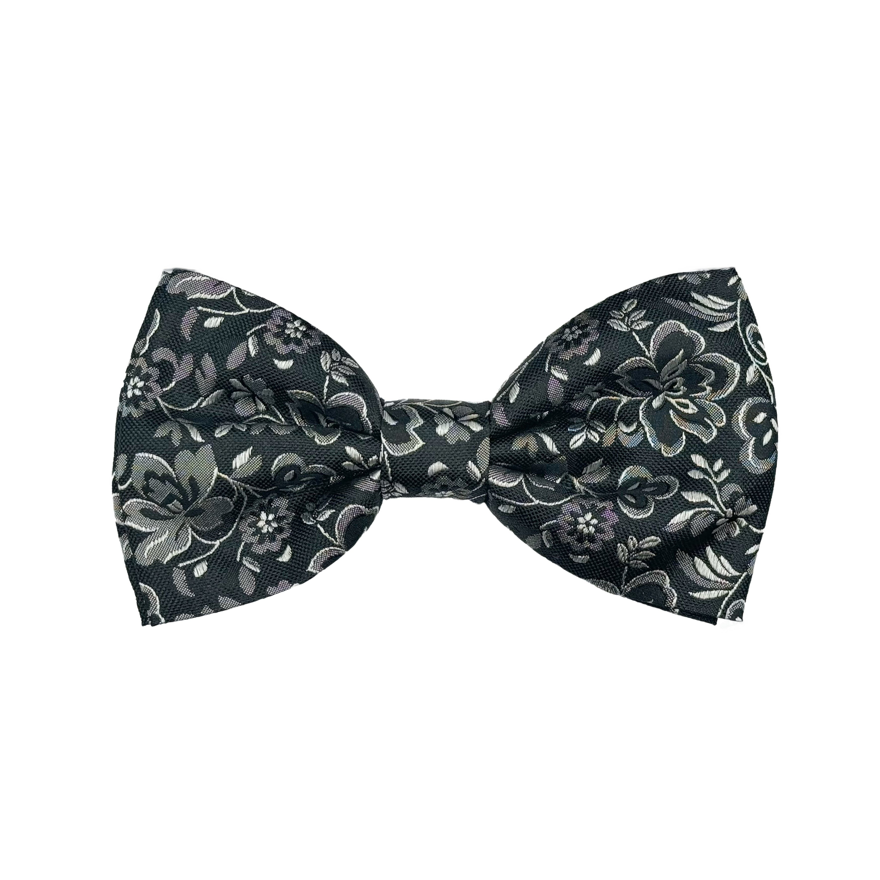 Black/Grey Italian Luxury Mens Silk Floral Weave Pre-Tied Bow Tie