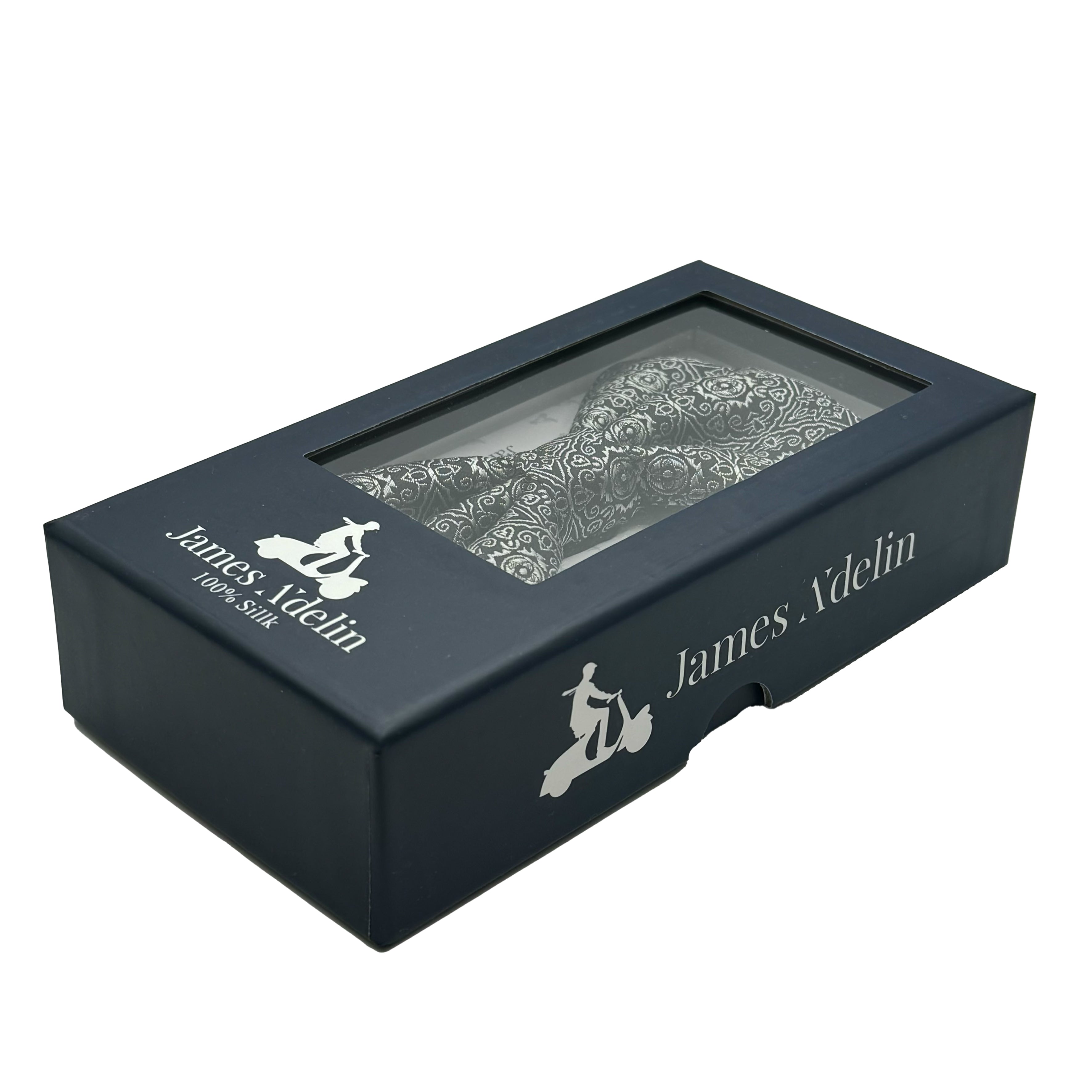 Black/Silver Italian Mens Silk Vintage Geometric Weave Pre-Tied Bow Tie