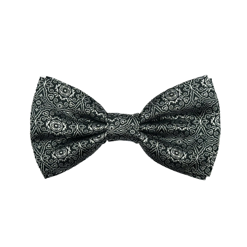Black/Silver Italian Mens Silk Vintage Geometric Weave Pre-Tied Bow Tie