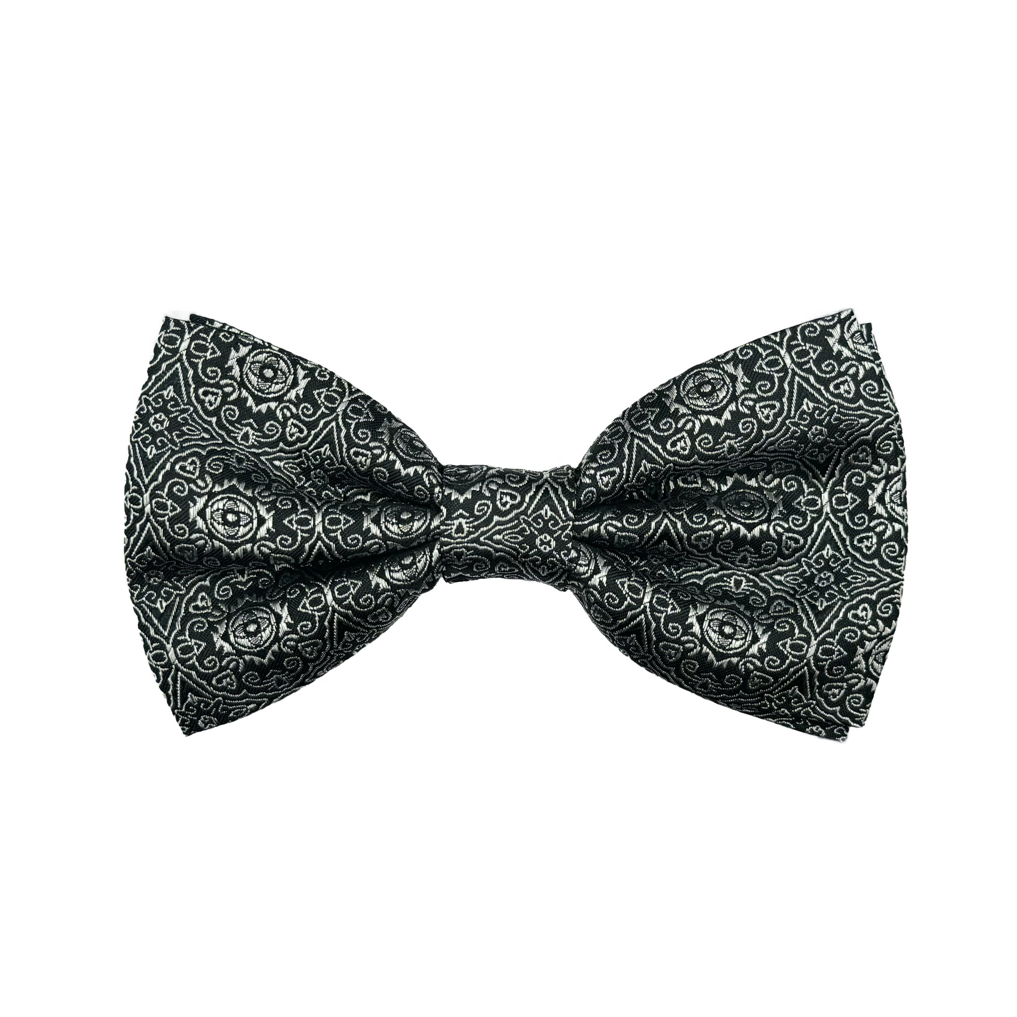 Black/Silver Italian Mens Silk Vintage Geometric Weave Pre-Tied Bow Tie