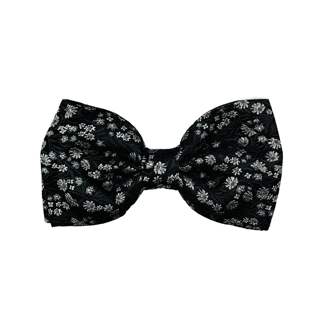 Black/Grey Italian Luxury Mens Silk Textured Mini Floral Weave Pre-Tied Bow Tie