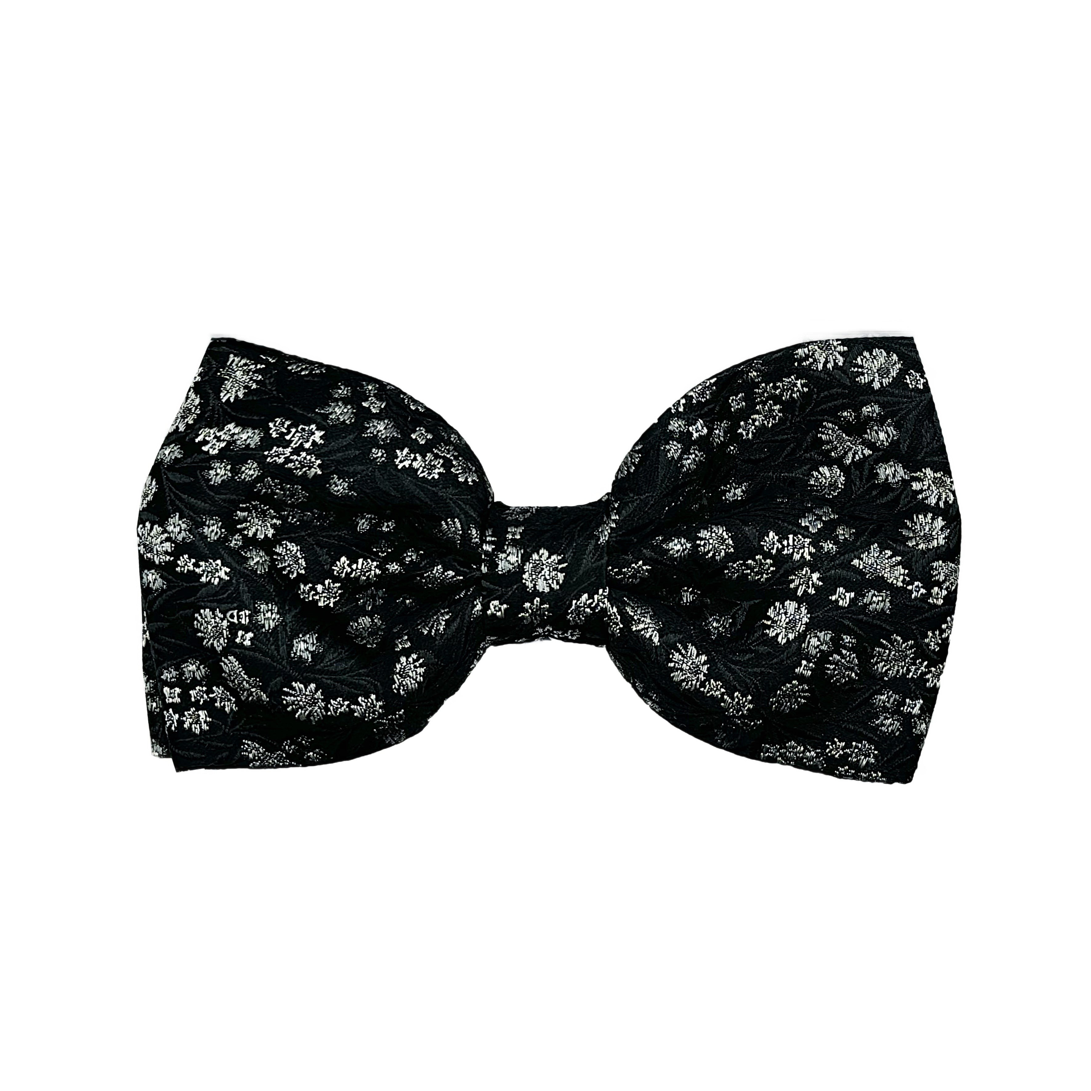 Black/Grey Italian Luxury Mens Silk Textured Mini Floral Weave Pre-Tied Bow Tie