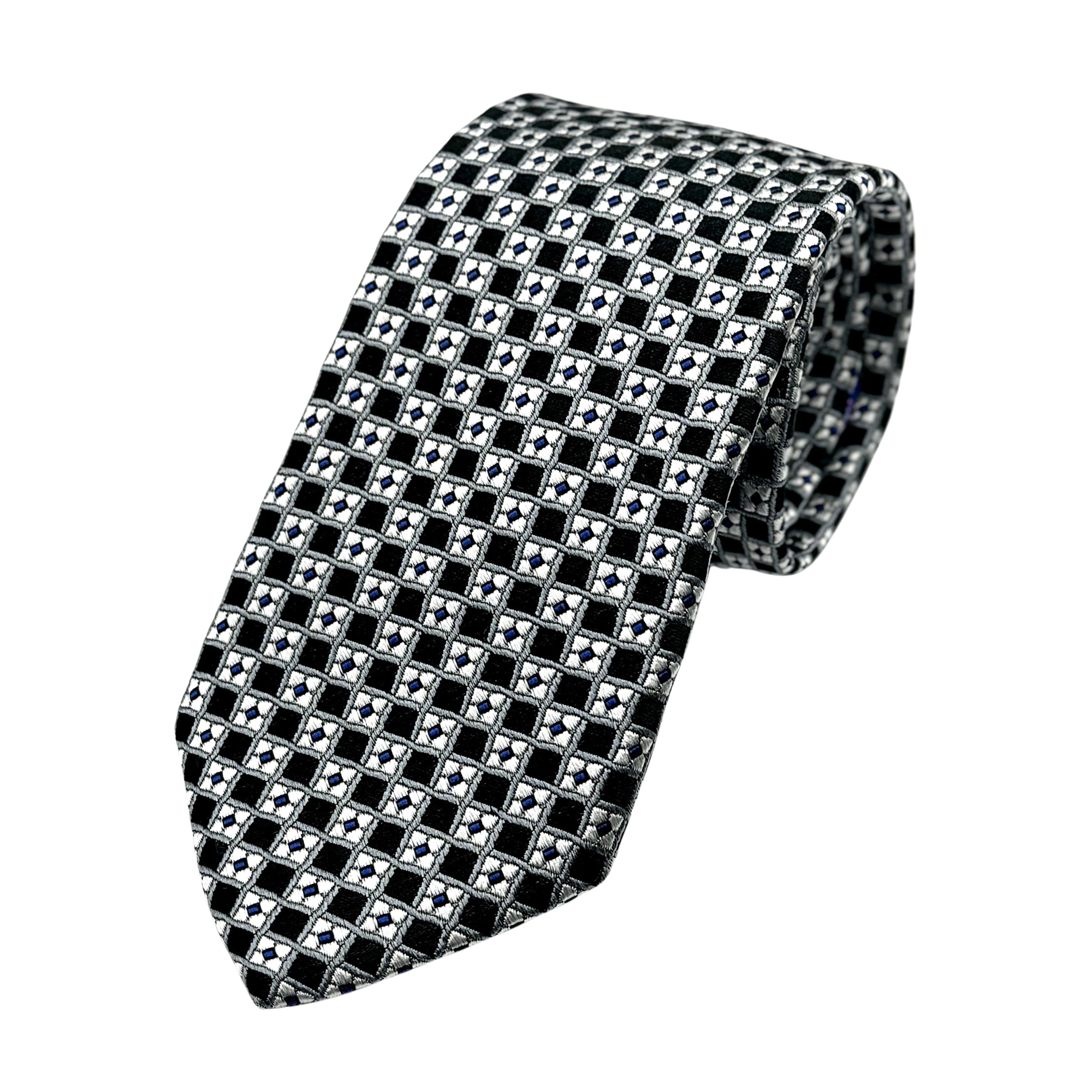 Black/White Luxury Silk Neck Tie in Geometric Design