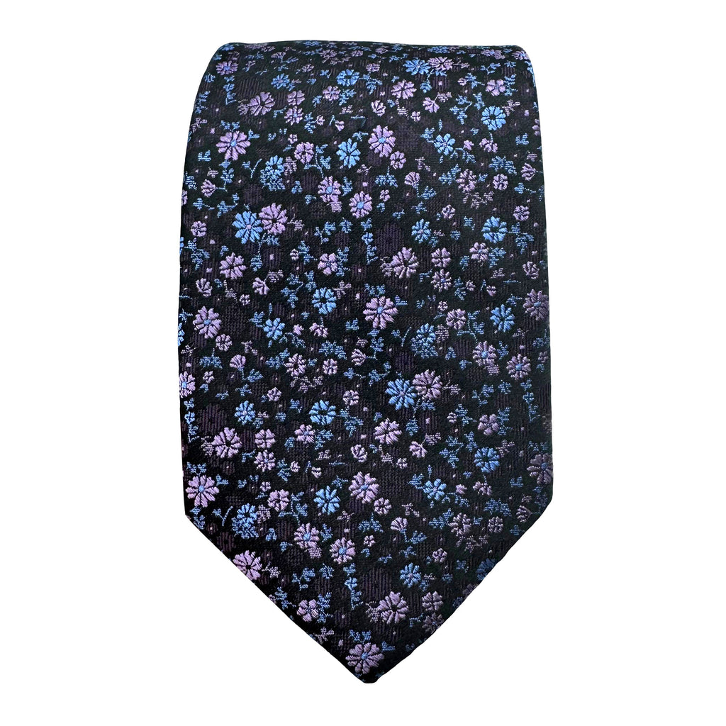 Black/Purple/Blue Mens Luxury Silk Neck Tie Mini Floral Weave Design