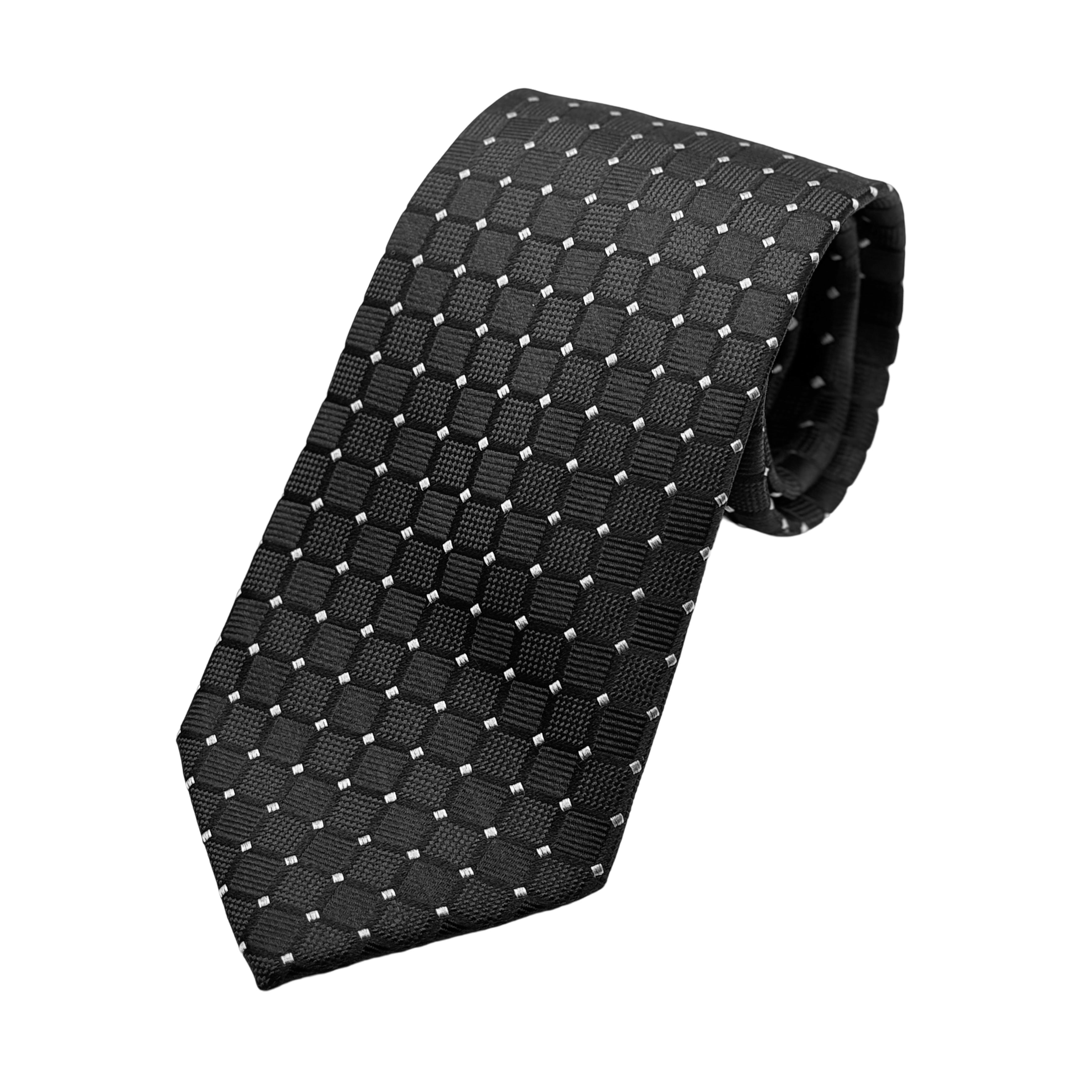 Black Mens Luxury Silk Neck Tie in Textured Spotted Squares Weave Design