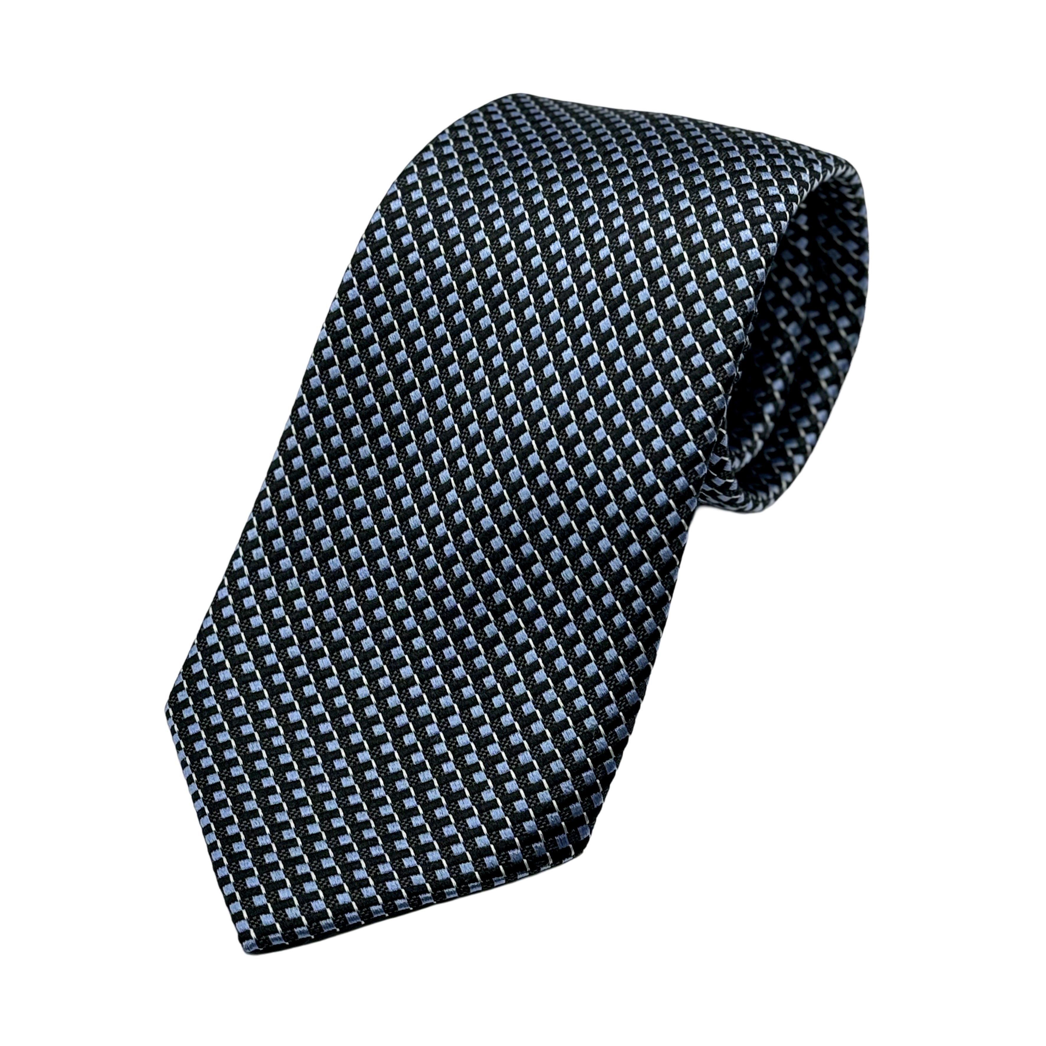 Black Mens Luxury Silk Neck Tie in Textured Geometric Weave Design