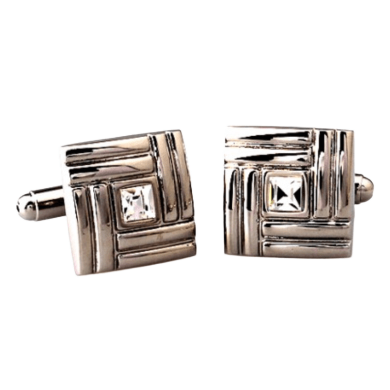Silver Geometric Crystal Square Cuff Links