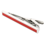 a silver chrome tie clip with red accents 