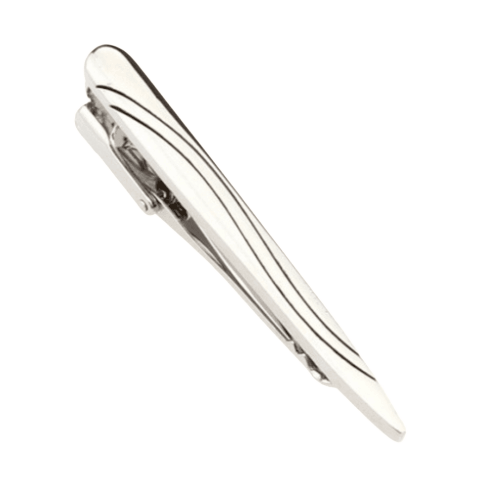 mens silver tie clip with a wave line printed through it 