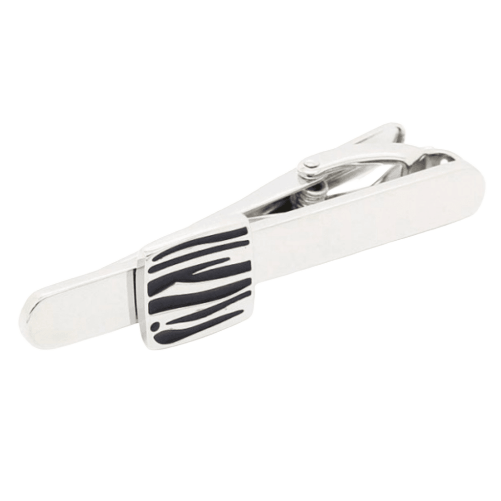 mens silver tie clip with black and white stripe design