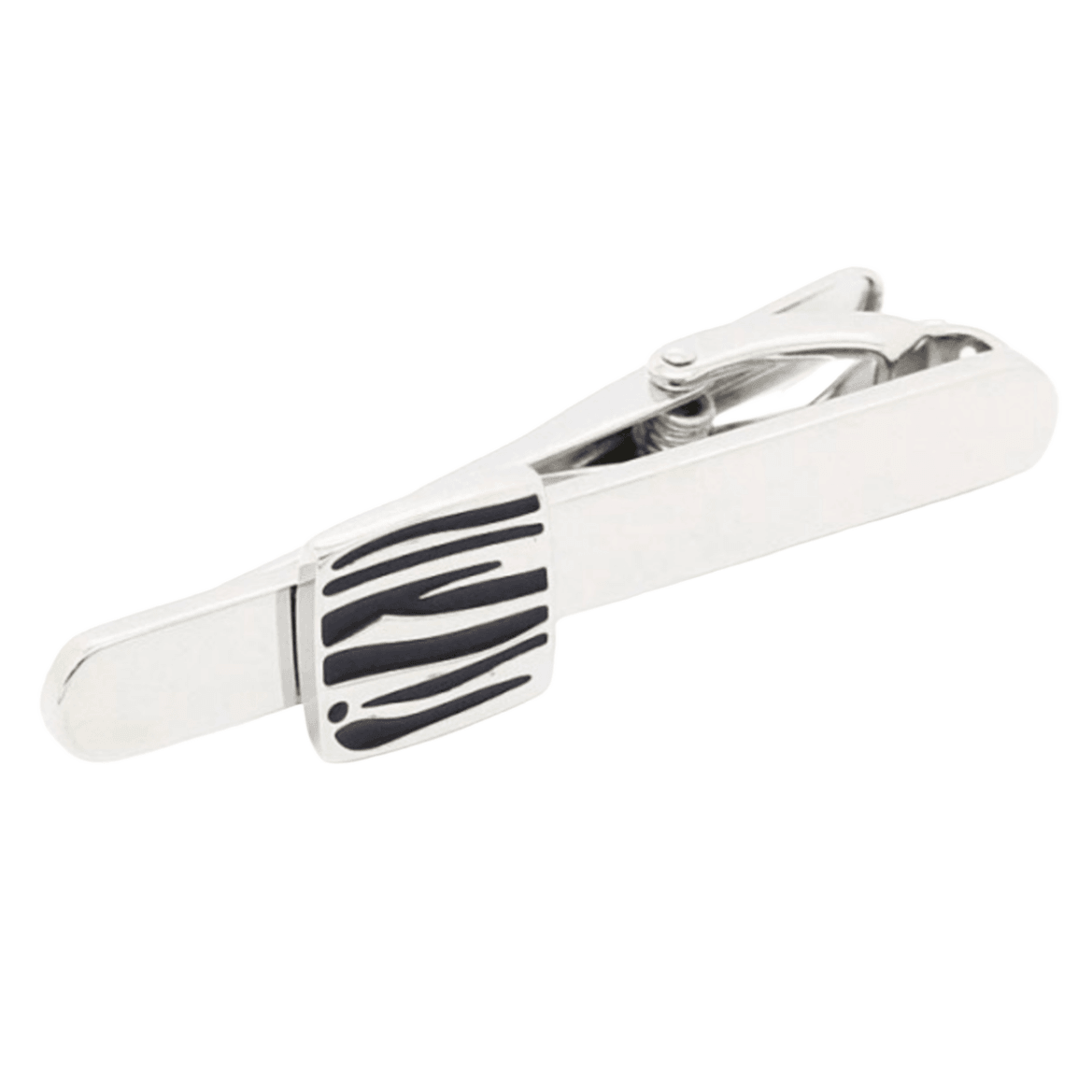 mens silver tie clip with black and white stripe design
