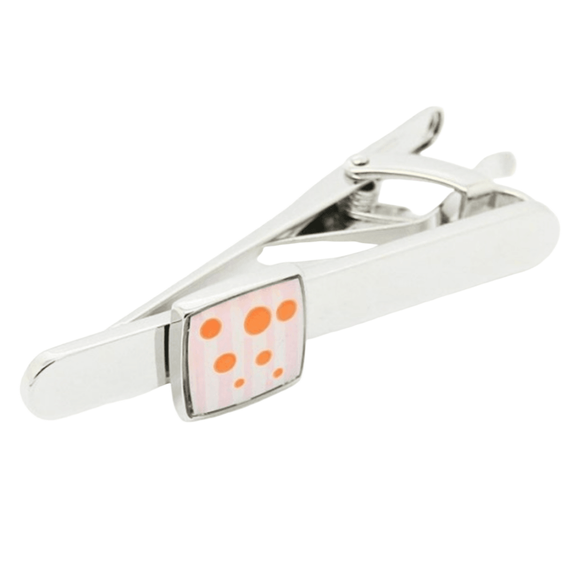 mens silver chrome tie clip with a orange spotted square badge feature