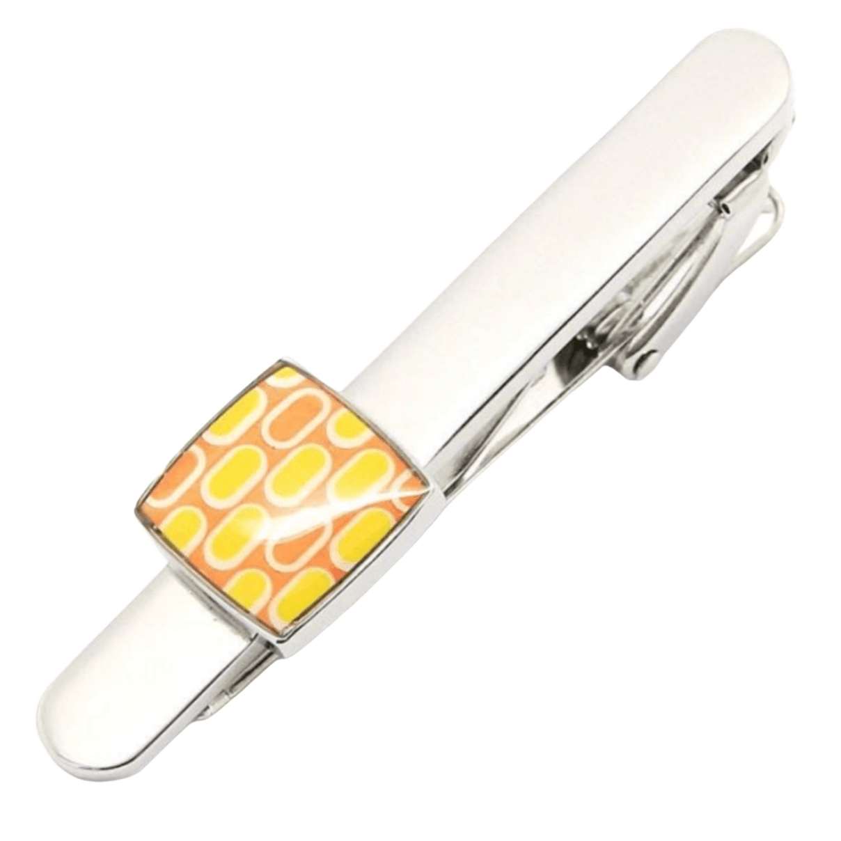Silver tie clip with an orange and yellow square feature on the end