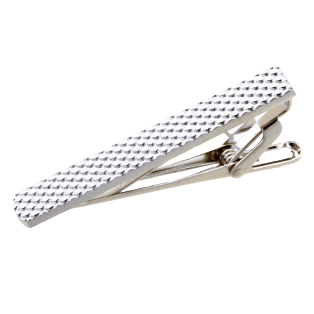 mens silver gridded tie clip a silver finish with an imprinted design of small squares