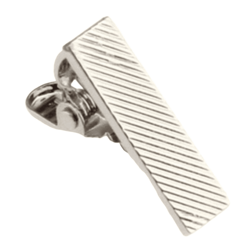 a silver tie clip with diagonal stripes on it