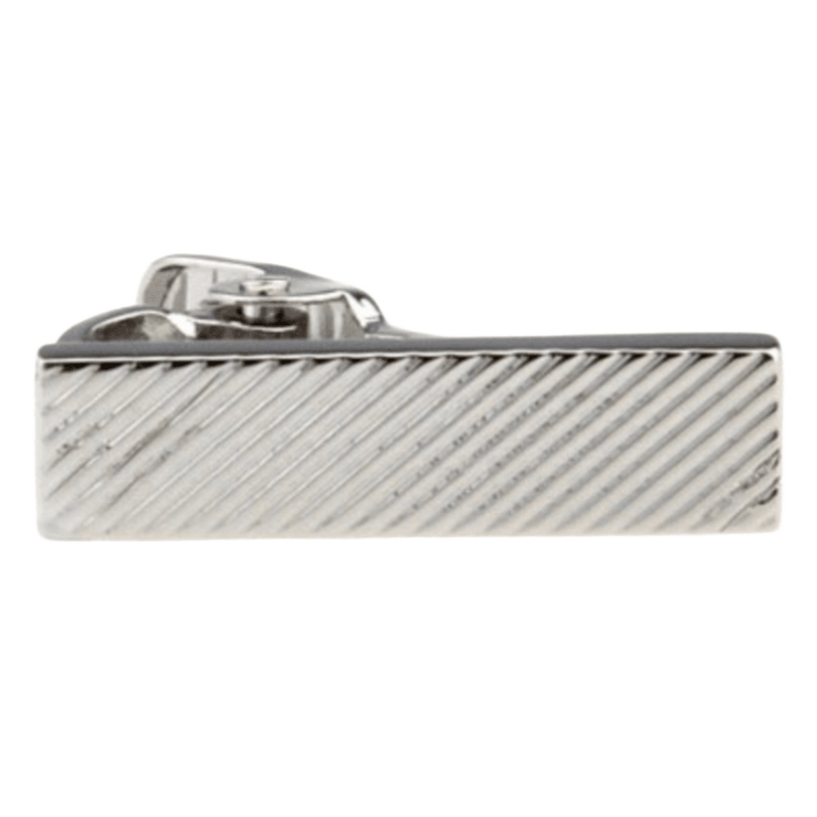 a rectangle shaped tie clip in silver with diagonal stripes on it 