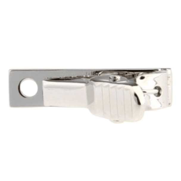 the silver tie clip backing showing the clasp