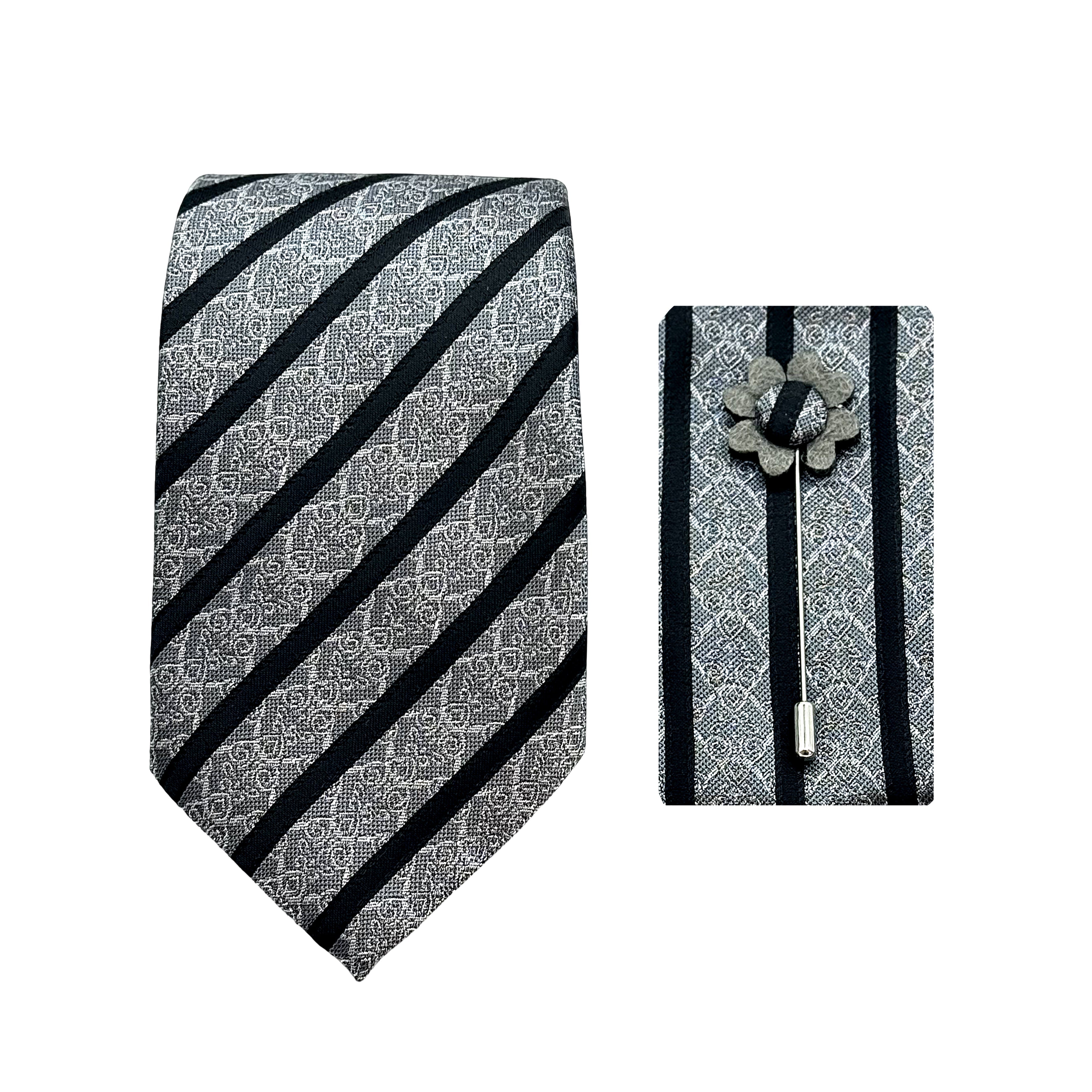 Grey/Black Luxury Striped Geometric Weave 7.5cm Width Tie/Pocket Square/Lapel Pin Combo Sets