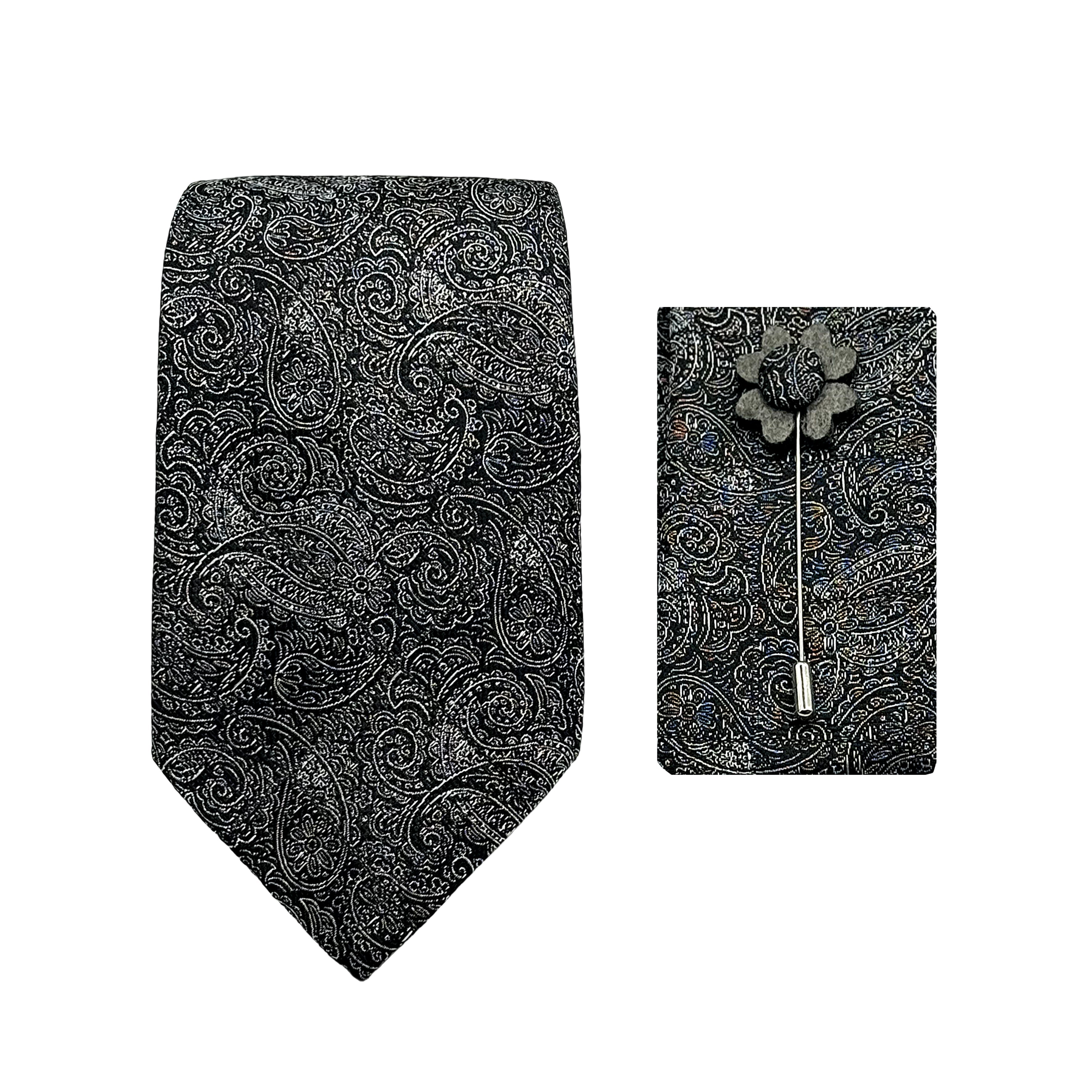 Grey/Black Luxury Paisley Window Pane Check Weave 7.5cm Width Tie/Pocket Square/Lapel Pin Combo Sets