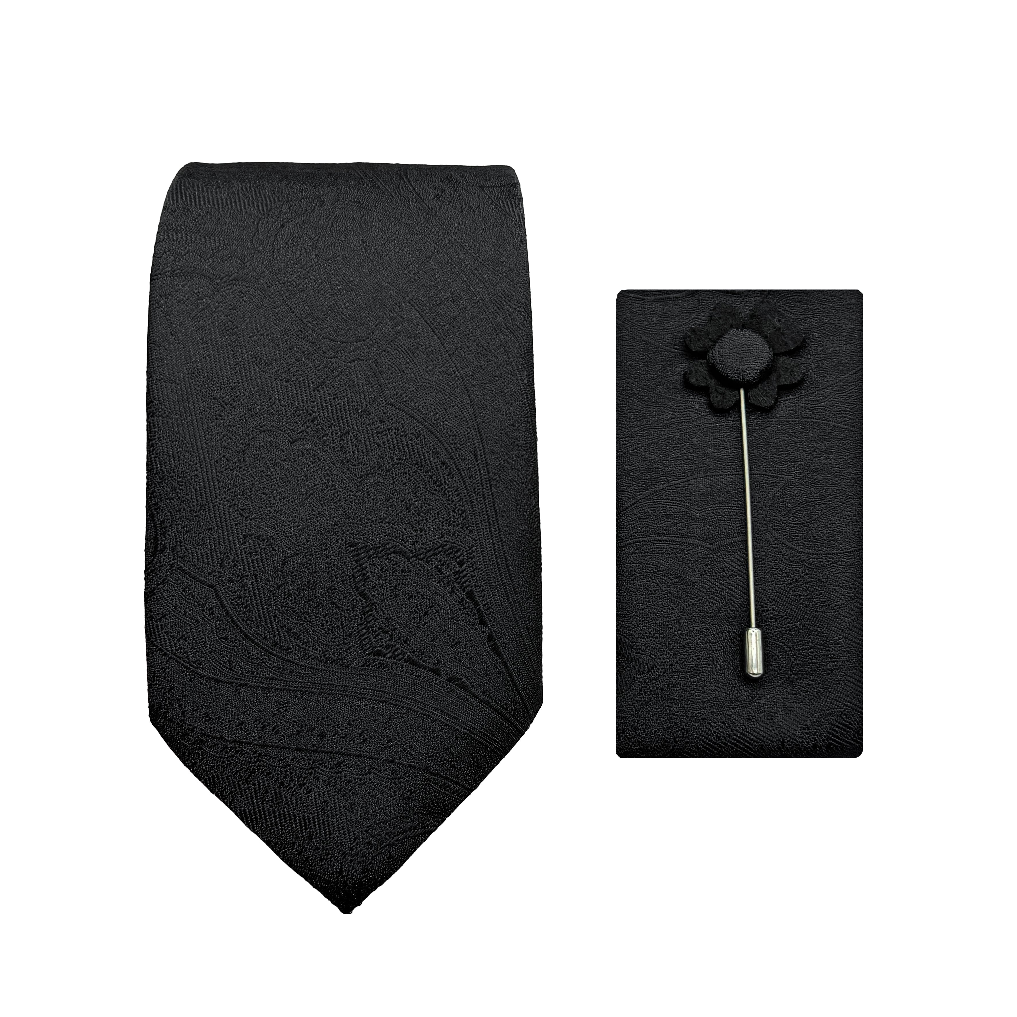 Black Luxury Textured Paisley Weave 7.5cm Width Tie/Pocket Square/Lapel Pin Combo Sets