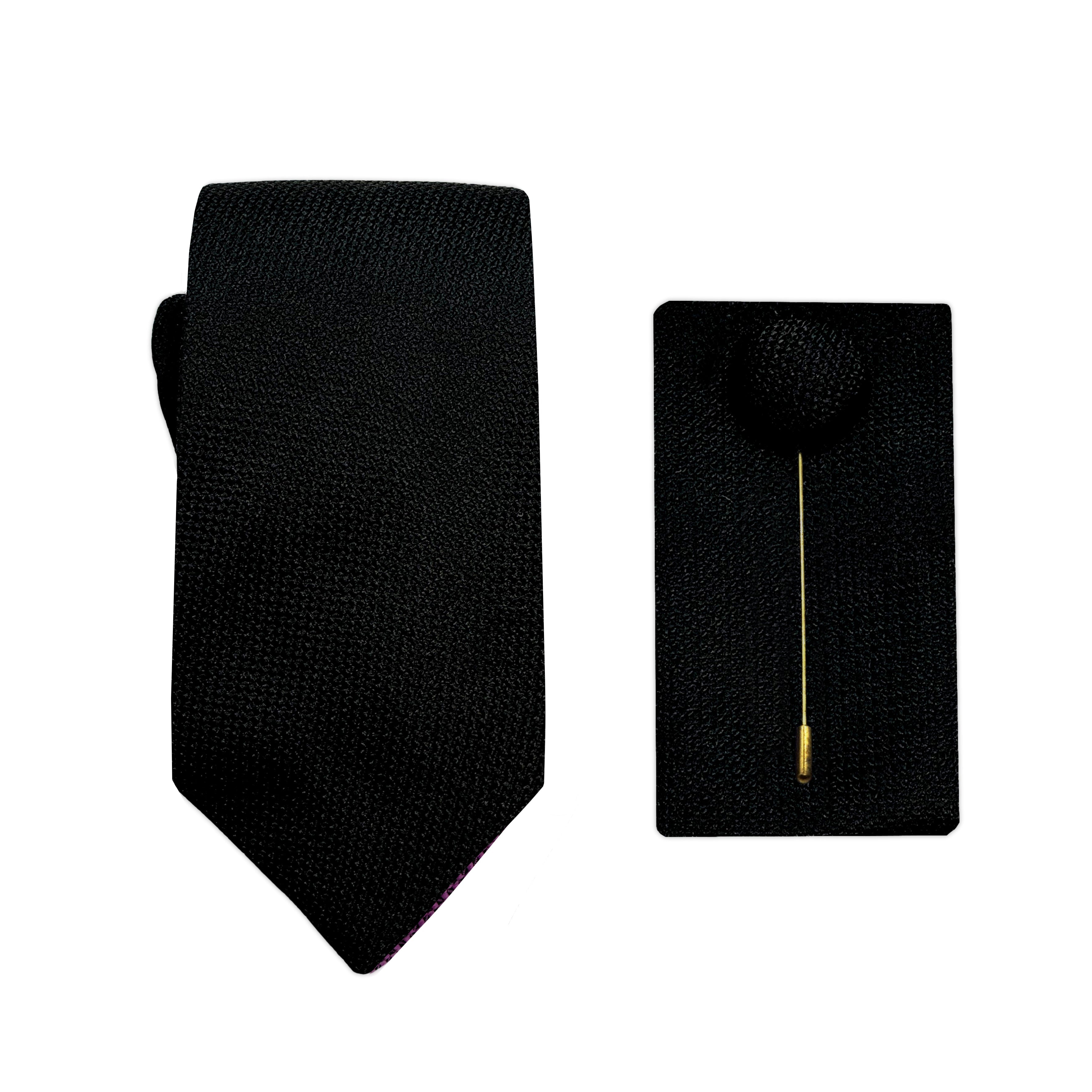 Black Luxury Textured Weave 6.5cm Width Skinny Tie/Pocket Square/Lapel Pin Combo Set
