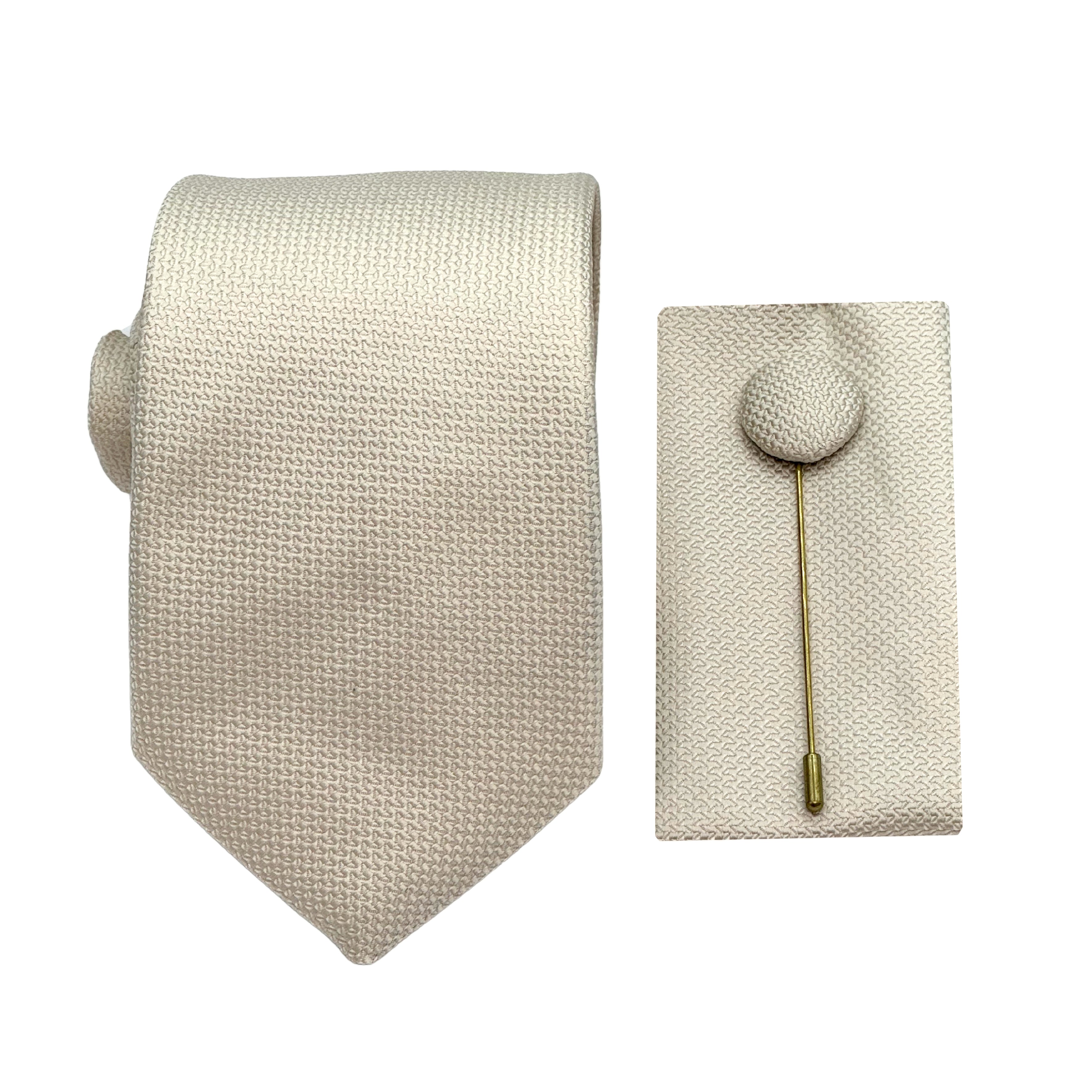 Cream Luxury Textured Weave 7.5cm Width Tie/Pocket Square/Lapel Pin Combo Set