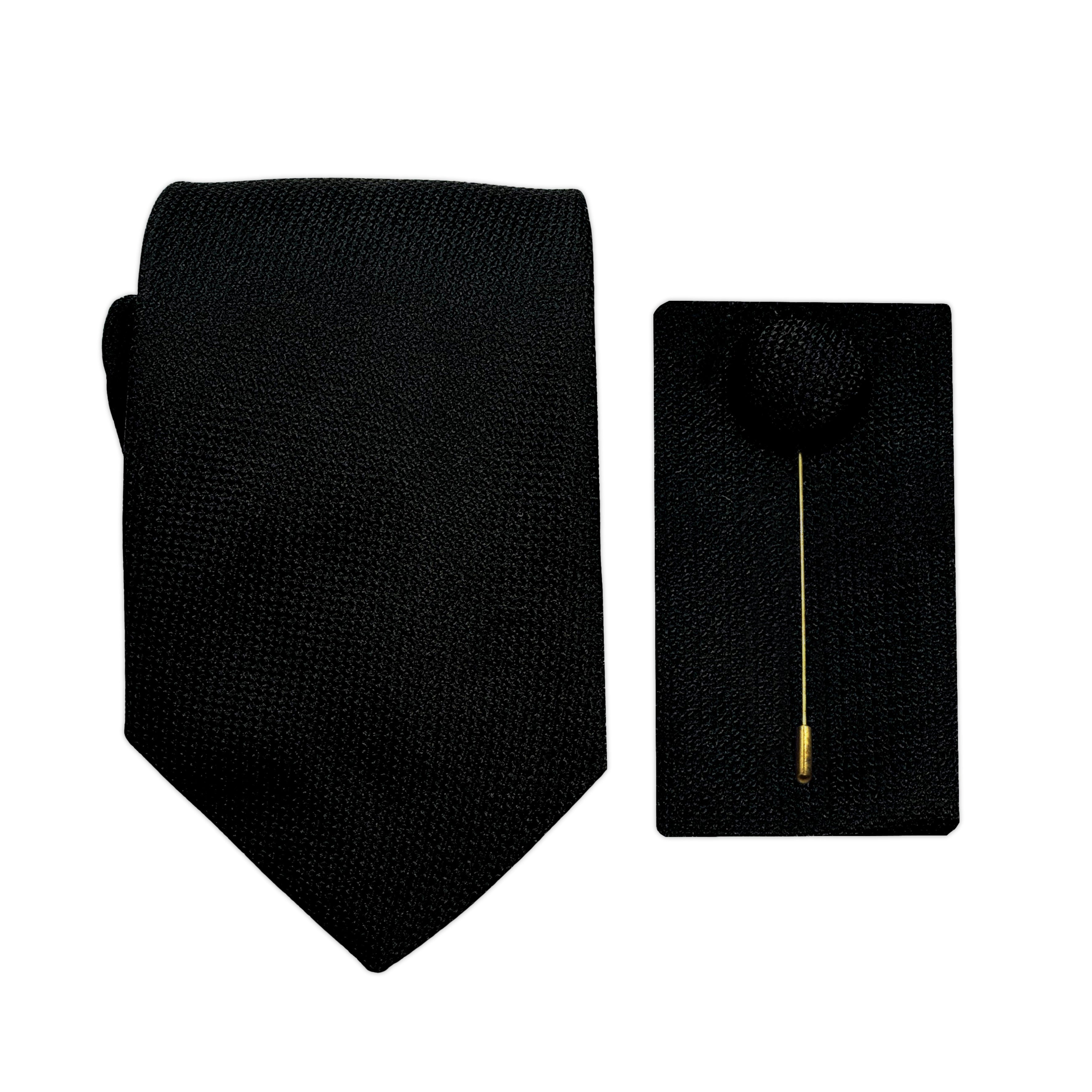 Black Luxury Textured Weave 7.5cm Width Tie/Pocket Square/Lapel Pin Combo Set
