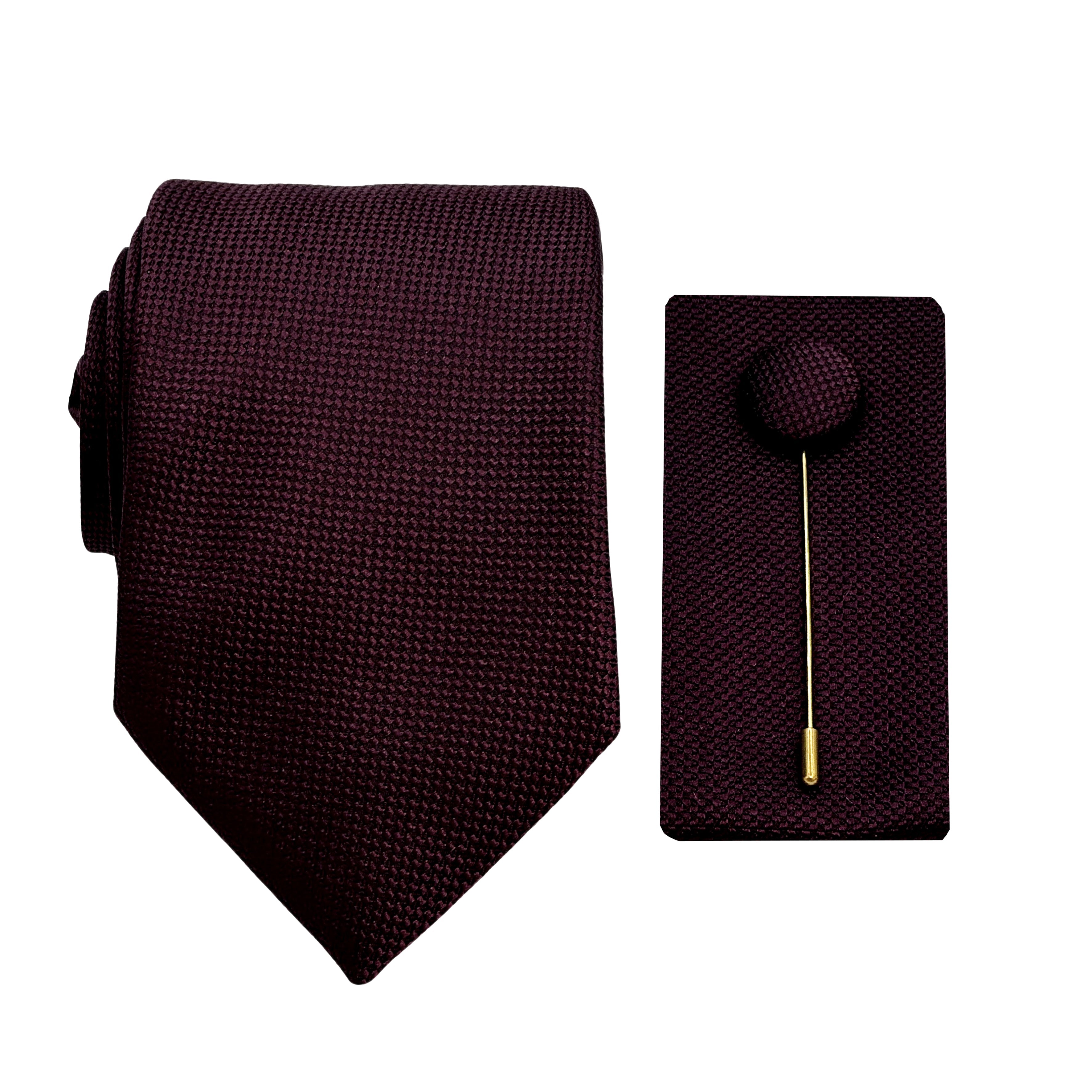 Wine Luxury Textured Weave 7.5cm Width Tie/Pocket Square/Lapel Pin Combo Set