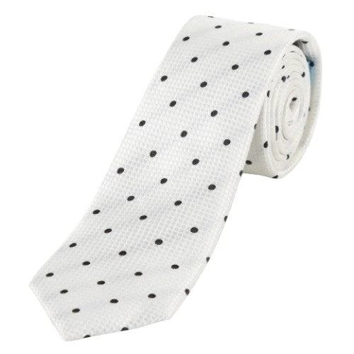 Off White/Black Pure Silk Polka Dot Square Weave Neck Tie